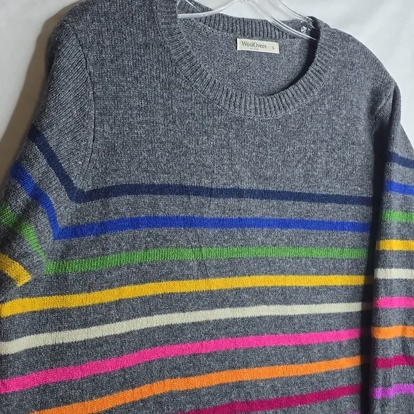 WoolOvers Crewneck Pullover Grey Rainbow Stripes Pure Merino Wool - Picture 2 of 8